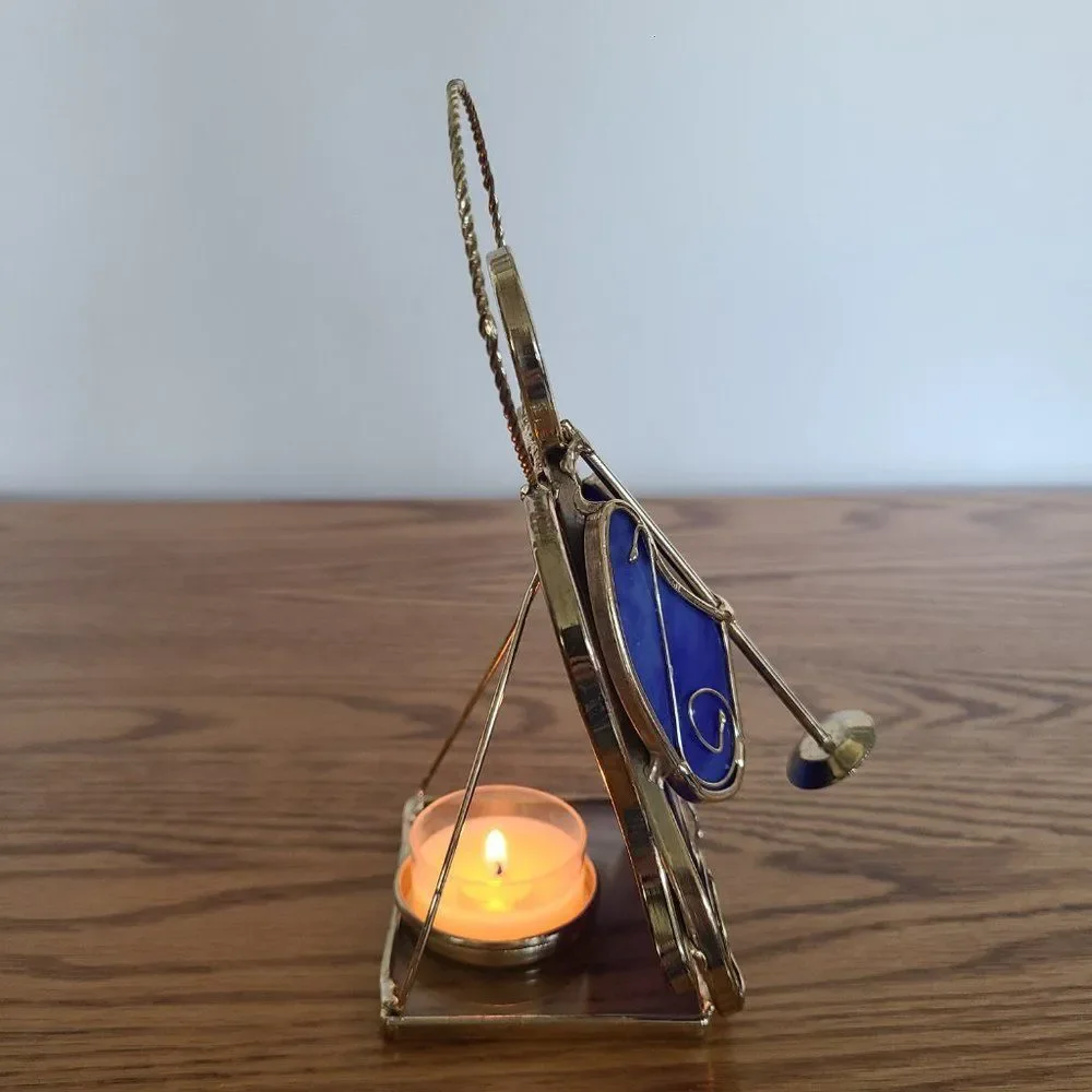 Vintage Stained Glass Tealight Holder Angel Trumpet Candle Display Cobalt Blue